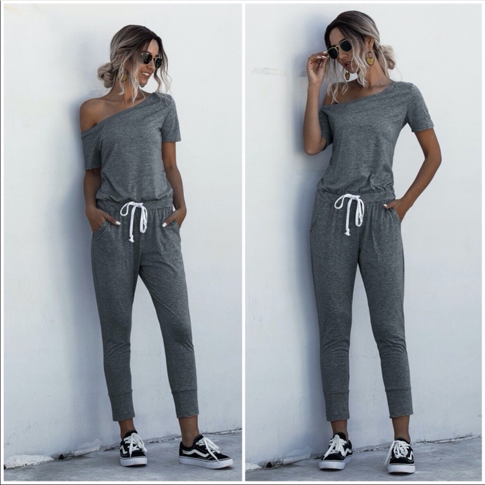 Boho off shoulder waist tie jumpsuit charcoal